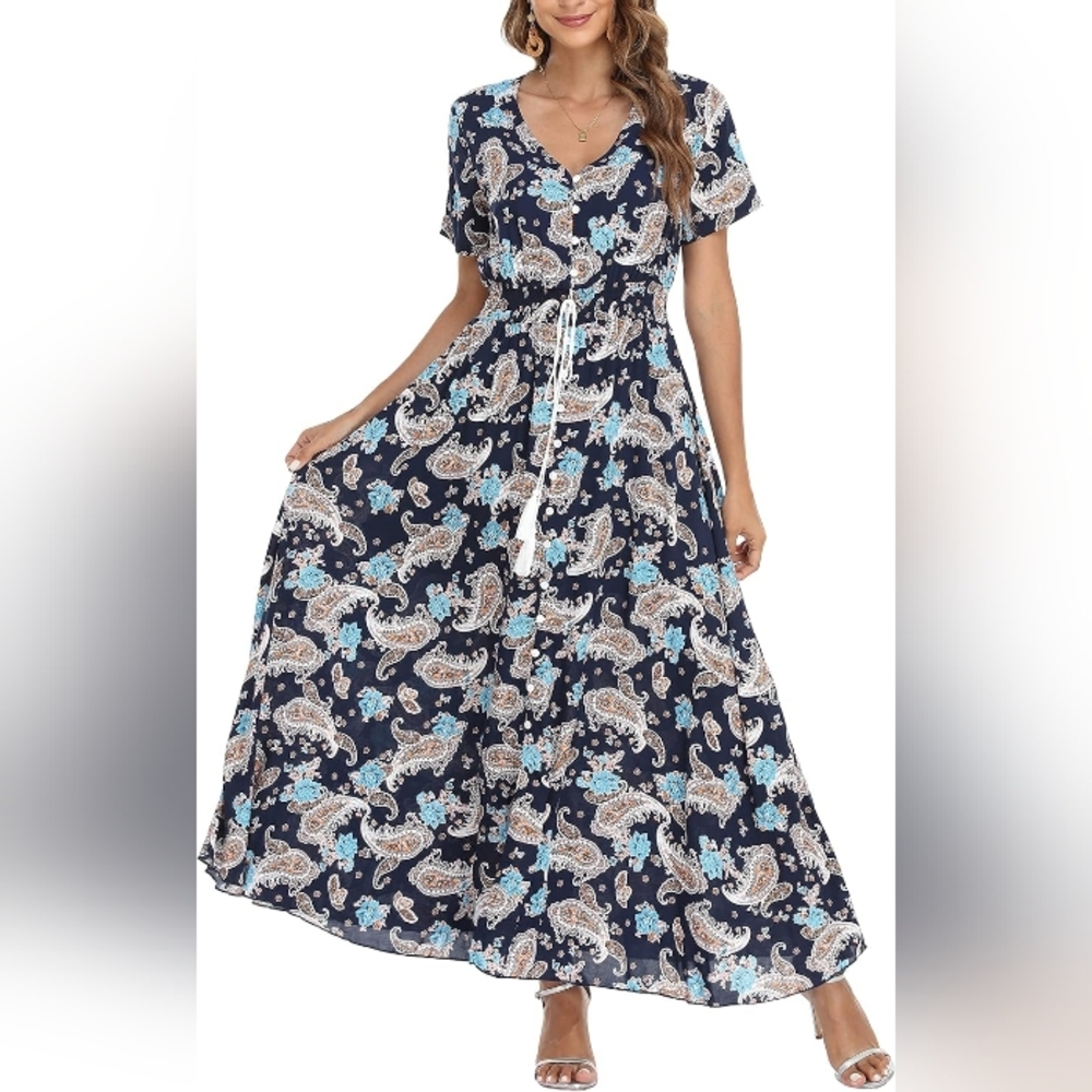 Blue BOHO Cottagecore Maxi Dress